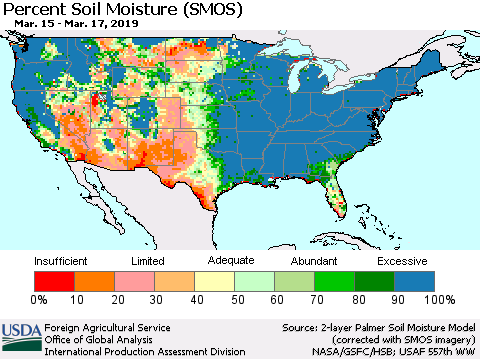 United States Percent Soil Moisture (SMOS) Thematic Map For 3/11/2019 - 3/17/2019
