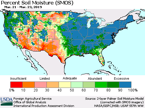 United States Percent Soil Moisture (SMOS) Thematic Map For 3/18/2019 - 3/24/2019
