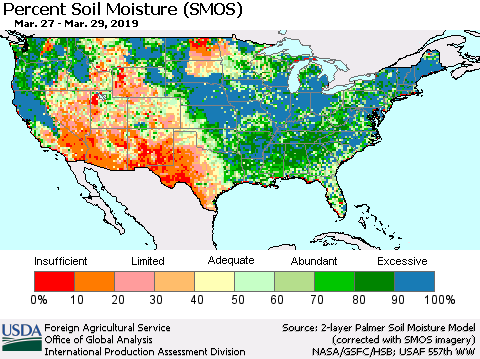 United States Percent Soil Moisture (SMOS) Thematic Map For 3/25/2019 - 3/31/2019