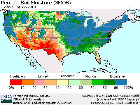 United States Percent Soil Moisture (SMOS) Thematic Map For 4/1/2019 - 4/7/2019
