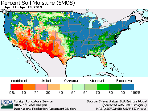 United States Percent Soil Moisture (SMOS) Thematic Map For 4/8/2019 - 4/14/2019