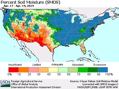 United States Percent Soil Moisture (SMOS) Thematic Map For 4/15/2019 - 4/21/2019
