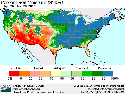 United States Percent Soil Moisture (SMOS) Thematic Map For 4/22/2019 - 4/28/2019