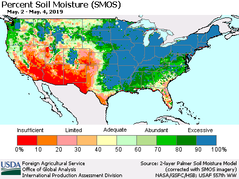 United States Percent Soil Moisture (SMOS) Thematic Map For 4/29/2019 - 5/5/2019