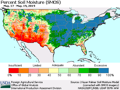 United States Percent Soil Moisture (SMOS) Thematic Map For 5/13/2019 - 5/19/2019
