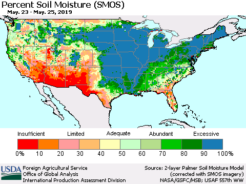 United States Percent Soil Moisture (SMOS) Thematic Map For 5/20/2019 - 5/26/2019