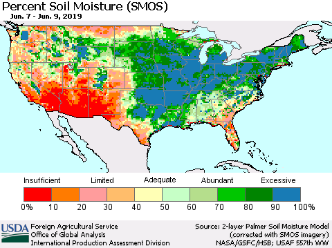 United States Percent Soil Moisture (SMOS) Thematic Map For 6/3/2019 - 6/9/2019