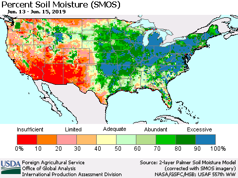 United States Percent Soil Moisture (SMOS) Thematic Map For 6/10/2019 - 6/16/2019