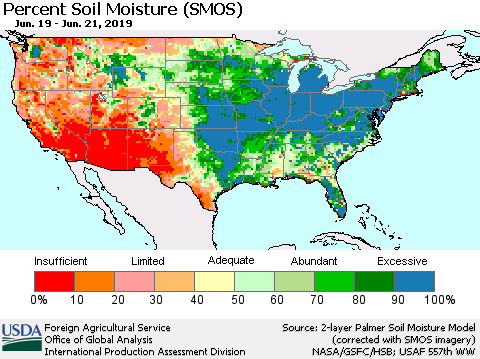 United States Percent Soil Moisture (SMOS) Thematic Map For 6/17/2019 - 6/23/2019