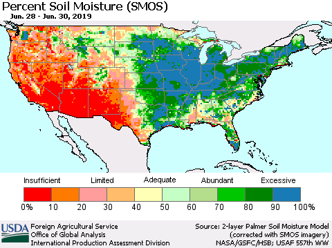 United States Percent Soil Moisture (SMOS) Thematic Map For 6/24/2019 - 6/30/2019