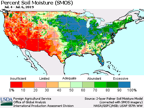 United States Percent Soil Moisture (SMOS) Thematic Map For 7/1/2019 - 7/7/2019