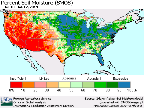 United States Percent Soil Moisture (SMOS) Thematic Map For 7/8/2019 - 7/14/2019