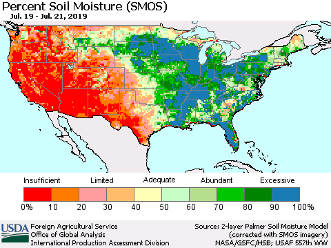 United States Percent Soil Moisture (SMOS) Thematic Map For 7/15/2019 - 7/21/2019