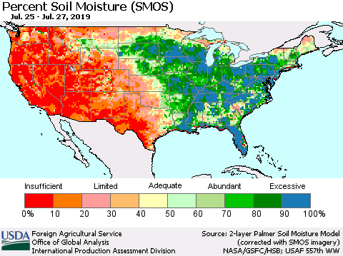United States Percent Soil Moisture (SMOS) Thematic Map For 7/22/2019 - 7/28/2019