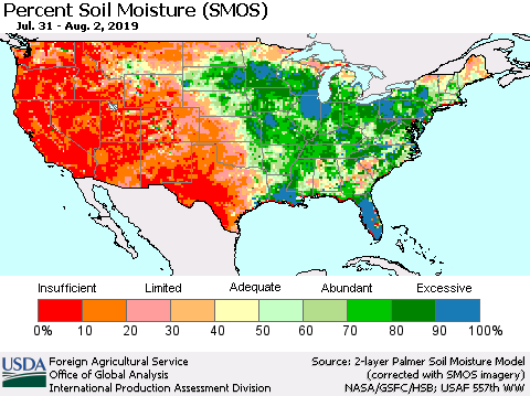 United States Percent Soil Moisture (SMOS) Thematic Map For 7/29/2019 - 8/4/2019