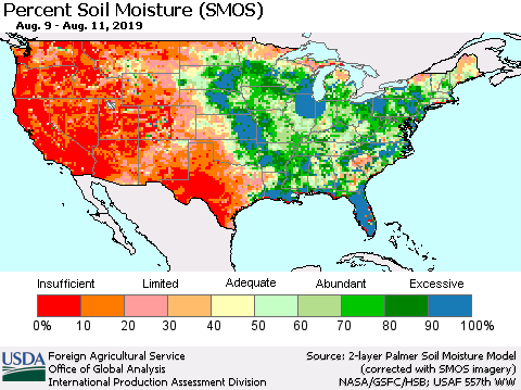 United States Percent Soil Moisture (SMOS) Thematic Map For 8/5/2019 - 8/11/2019