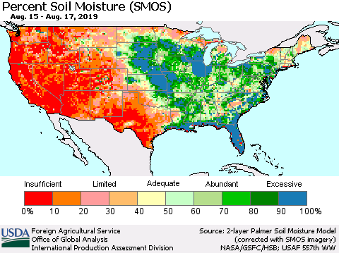 United States Percent Soil Moisture (SMOS) Thematic Map For 8/12/2019 - 8/18/2019