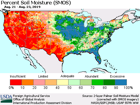 United States Percent Soil Moisture (SMOS) Thematic Map For 8/19/2019 - 8/25/2019