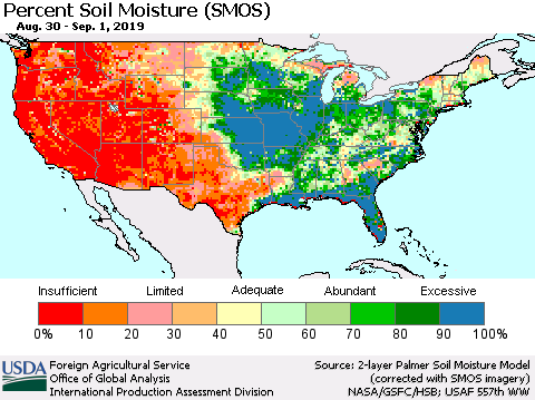 United States Percent Soil Moisture (SMOS) Thematic Map For 8/26/2019 - 9/1/2019