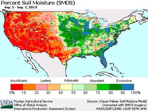 United States Percent Soil Moisture (SMOS) Thematic Map For 9/2/2019 - 9/8/2019