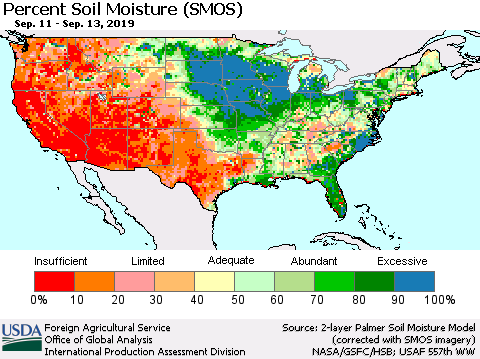 United States Percent Soil Moisture (SMOS) Thematic Map For 9/9/2019 - 9/15/2019