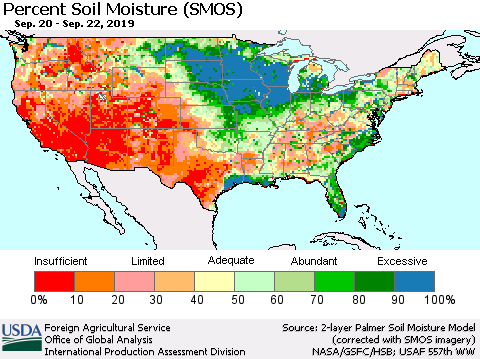 United States Percent Soil Moisture (SMOS) Thematic Map For 9/16/2019 - 9/22/2019