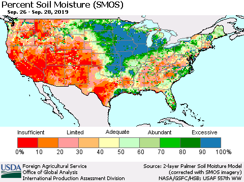 United States Percent Soil Moisture (SMOS) Thematic Map For 9/23/2019 - 9/29/2019