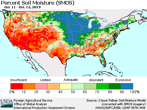 United States Percent Soil Moisture (SMOS) Thematic Map For 10/7/2019 - 10/13/2019
