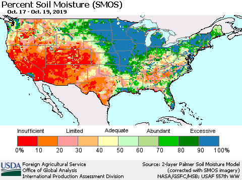 United States Percent Soil Moisture (SMOS) Thematic Map For 10/14/2019 - 10/20/2019