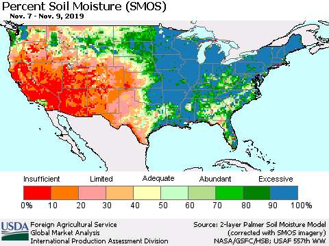 United States Percent Soil Moisture (SMOS) Thematic Map For 11/4/2019 - 11/10/2019