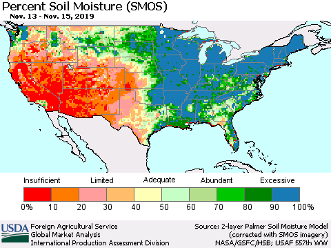 United States Percent Soil Moisture (SMOS) Thematic Map For 11/11/2019 - 11/17/2019