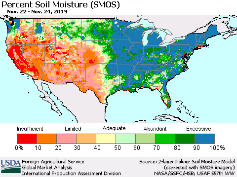 United States Percent Soil Moisture (SMOS) Thematic Map For 11/18/2019 - 11/24/2019