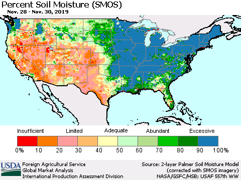 United States Percent Soil Moisture (SMOS) Thematic Map For 11/25/2019 - 12/1/2019