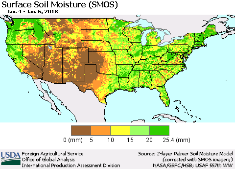 United States Surface Soil Moisture (SMOS) Thematic Map For 1/1/2018 - 1/7/2018