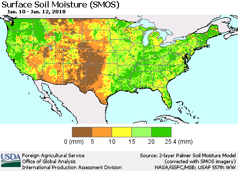 United States Surface Soil Moisture (SMOS) Thematic Map For 1/8/2018 - 1/14/2018