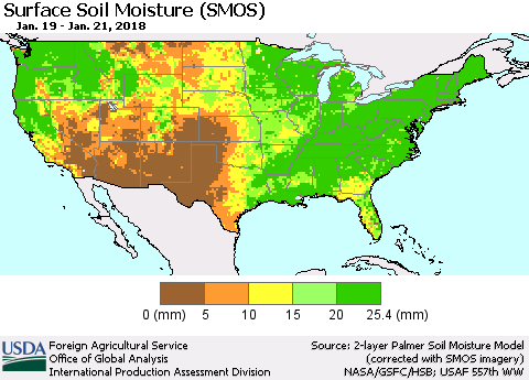 United States Surface Soil Moisture (SMOS) Thematic Map For 1/15/2018 - 1/21/2018