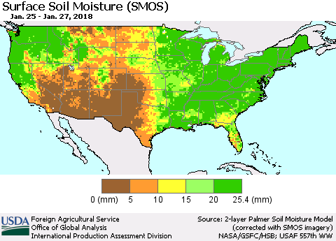 United States Surface Soil Moisture (SMOS) Thematic Map For 1/22/2018 - 1/28/2018
