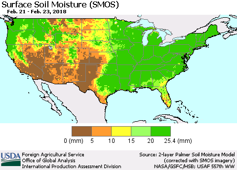 United States Surface Soil Moisture (SMOS) Thematic Map For 2/19/2018 - 2/25/2018