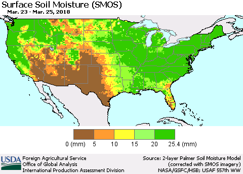 United States Surface Soil Moisture (SMOS) Thematic Map For 3/19/2018 - 3/25/2018