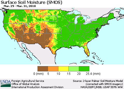 United States Surface Soil Moisture (SMOS) Thematic Map For 3/26/2018 - 4/1/2018