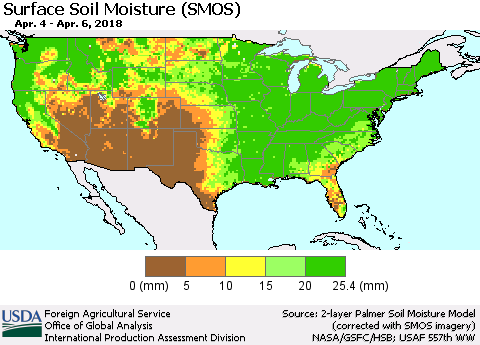 United States Surface Soil Moisture (SMOS) Thematic Map For 4/2/2018 - 4/8/2018