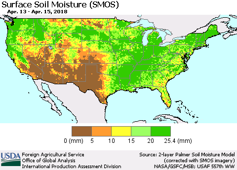 United States Surface Soil Moisture (SMOS) Thematic Map For 4/9/2018 - 4/15/2018