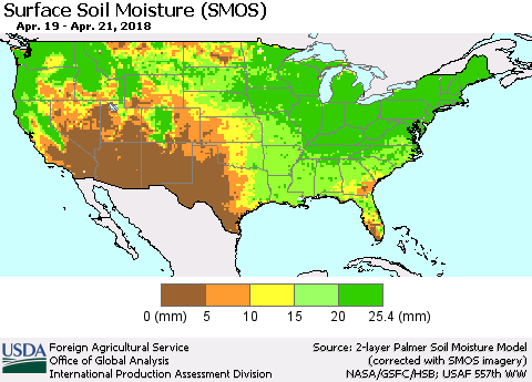 United States Surface Soil Moisture (SMOS) Thematic Map For 4/16/2018 - 4/22/2018