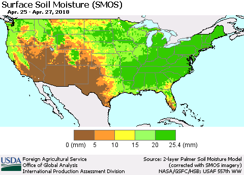 United States Surface Soil Moisture (SMOS) Thematic Map For 4/23/2018 - 4/29/2018