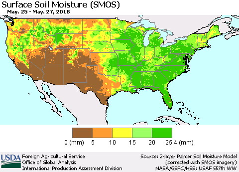 United States Surface Soil Moisture (SMOS) Thematic Map For 5/21/2018 - 5/27/2018