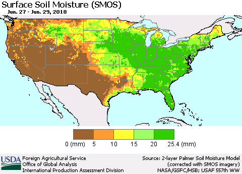 United States Surface Soil Moisture (SMOS) Thematic Map For 6/25/2018 - 7/1/2018