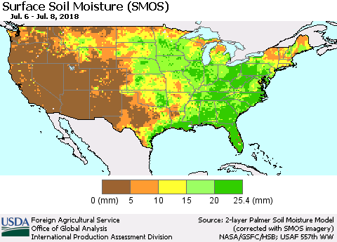 United States Surface Soil Moisture (SMOS) Thematic Map For 7/2/2018 - 7/8/2018