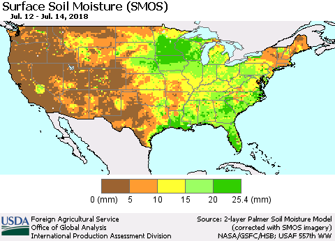United States Surface Soil Moisture (SMOS) Thematic Map For 7/9/2018 - 7/15/2018