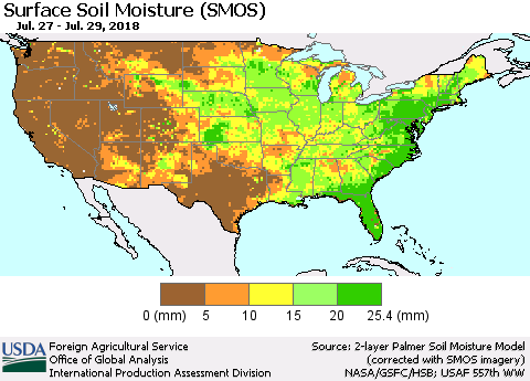 United States Surface Soil Moisture (SMOS) Thematic Map For 7/23/2018 - 7/29/2018