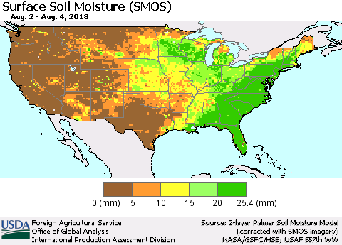 United States Surface Soil Moisture (SMOS) Thematic Map For 7/30/2018 - 8/5/2018